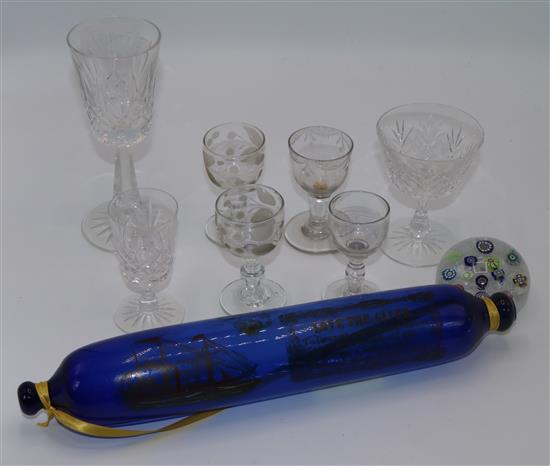 Perthshire scrambled cane paperweight, glass salt pin and 7 glasses